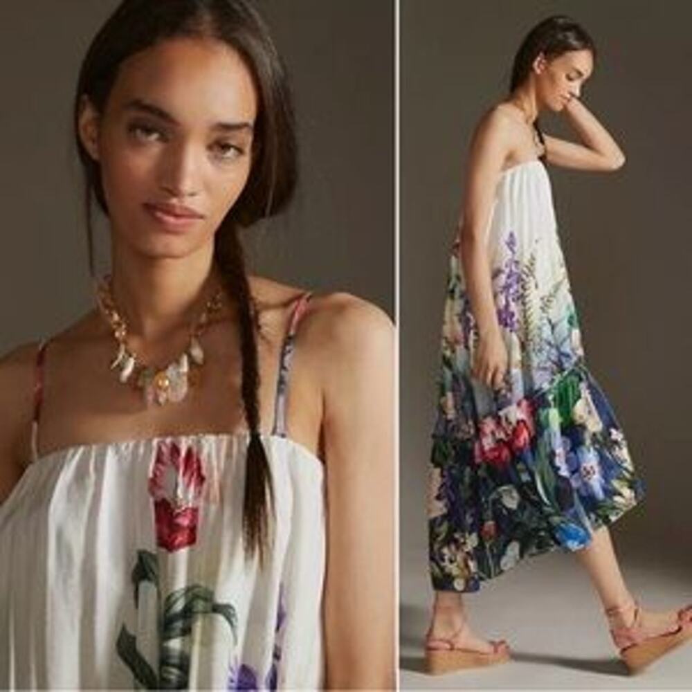 Anthropologie Strapless Maxi Dress Boho Hawaiian Floral Tiered Tropical Size XS